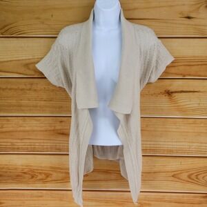 A New Approach Cardigan Sweater Open Front Womens Sz PM Beige Brown Short Sleeve